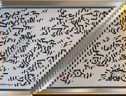 Keith Haring American 1958 - 1990 Acrylic/Canvas In The Style of. Warhol & Haring Pop Art Period.: Title: Untitled Technique: Acrylic on canvas Measures: 18 x 24 in Year: 1989 Condition: Good Provenance: Private collection Visual Description: This vibrant acrylic painting features a lively arrangem