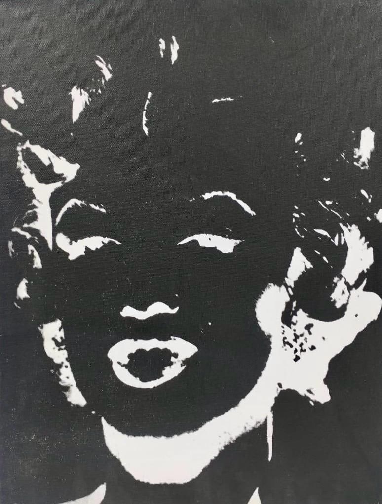 Andy Warhol American 1928-1987 Silkscreen ink on Canvas Painting in the style of. Pop Art Era: Title: Marilyn Technique: Silkscreen ink on canvas Measures: 18 x 13 ½ in Year: 1986 Condition: Good Provenance: Private collection Visual Description: This striking monochromatic portrait uses