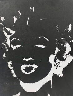 Andy Warhol American 1928-1987 Silkscreen ink on Canvas Painting in the style of. Pop Art Era: Title: Marilyn Technique: Silkscreen ink on canvas Measures: 18 x 13 &frac12; in Year: 1986 Condition: Good Provenance: Private collection Visual Description: This striking monochromatic portrait uses