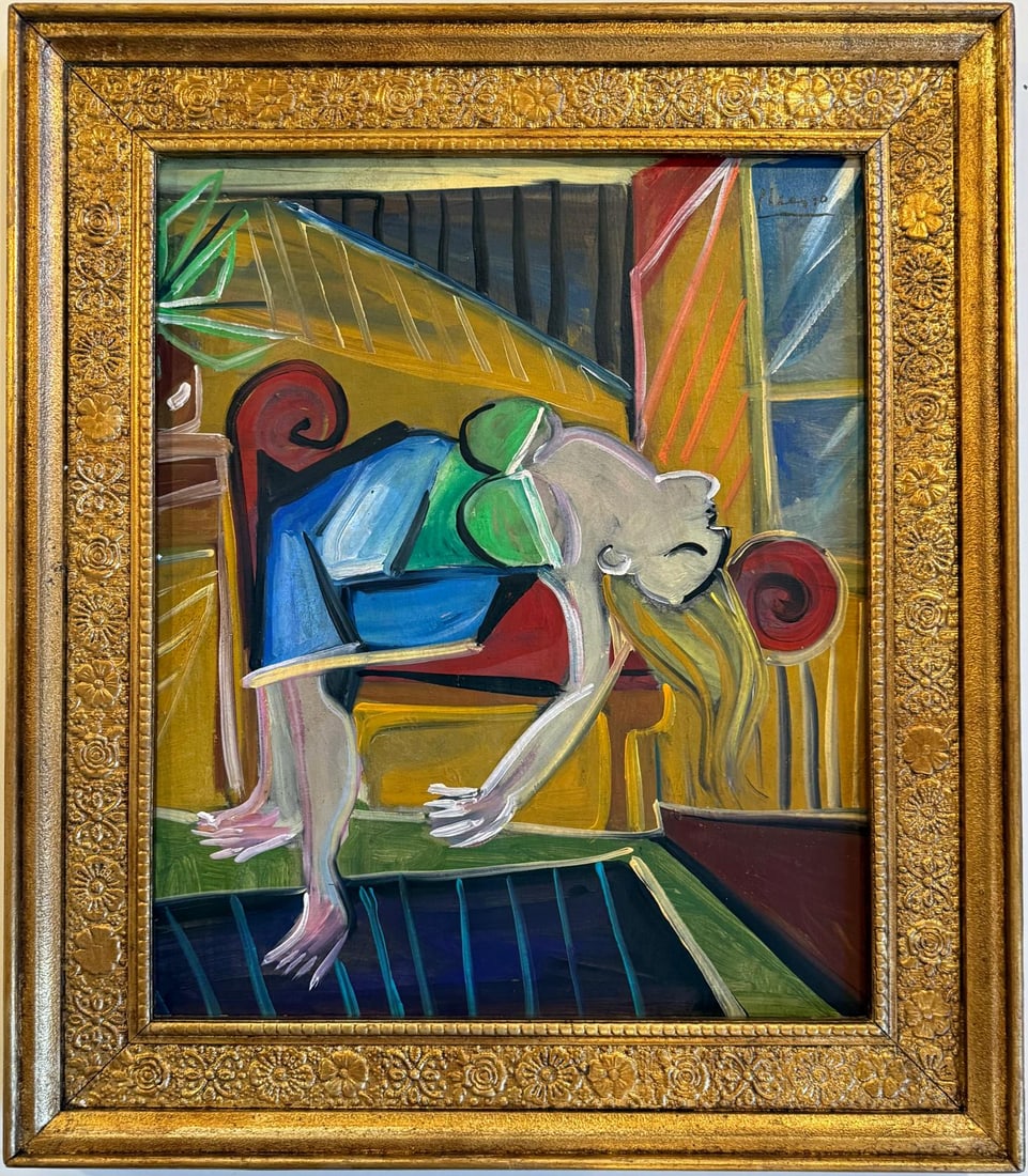 Pablo Picasso Spanish Oil on Canvas painting in the style of. Dali, Chagall & Picasso Era: Title: Untitle Technique: Oil on canvas Measures: 19 x 16 in Year: Undated Condition: Good Provenance: Private collection Visual Description:This dynamic oil on canvas depicts a female figure reclinin