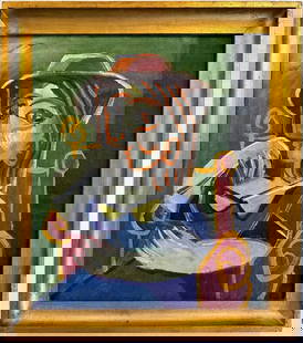 Pablo Picasso Spanish Oil on Canvas painting in the style of. Dali, Chagall & Picasso Era: Title: Untitle Technique: Oil on canvas Measures: 15 x 13 in Year: Undated Condition: Good Provenance: Private collection Visual Description:This expressive oil painting presents a stylized female fig