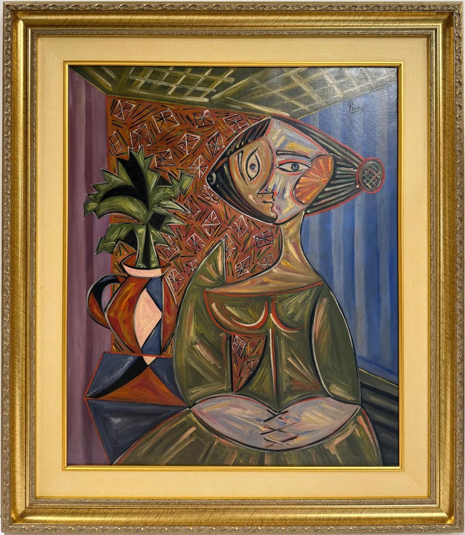 Pablo Picasso Spanish Oil on Canvas painting in the style of. Dali, Chagall & Picasso Era: Title: Untitle Technique: Oil on canvas Measures: 24 x 20 in Year: 1936 Condition: Good Provenance: Private collection Visual Description:This striking oil painting features a stylized female figure p