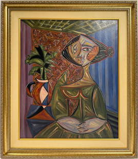 Pablo Picasso Spanish Oil on Canvas painting in the style of. Dali, Chagall & Picasso Era: Title: Untitle Technique: Oil on canvas Measures: 24 x 20 in Year: 1936 Condition: Good Provenance: Private collection Visual Description:This striking oil painting features a stylized female figure p