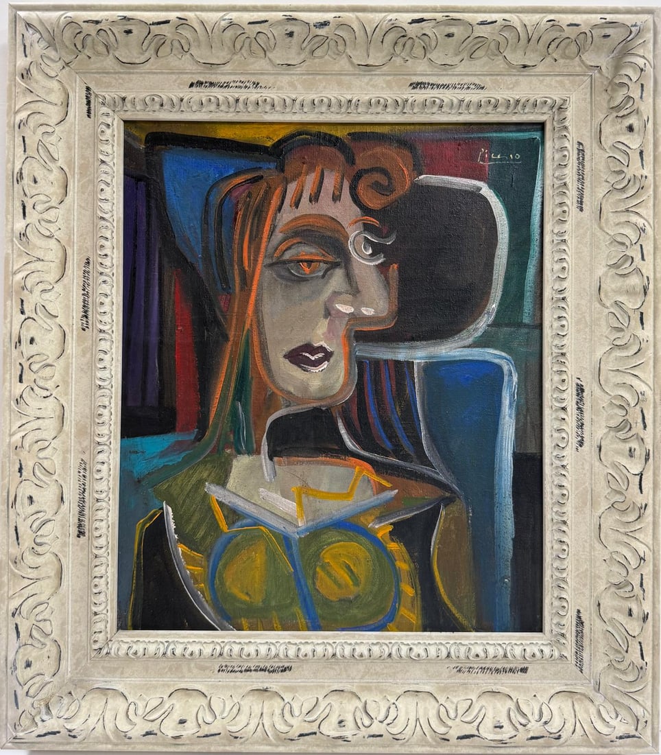Pablo Picasso Spanish Oil on Canvas painting in the style of. Dali, Chagall & Picasso Era: Title: Untitle Technique: Oil on canvas Measures: 20 x 16 in Year: Undated Condition: Good Provenance: Private collection Visual Description:This oil painting features a stylized portrait of a seated 