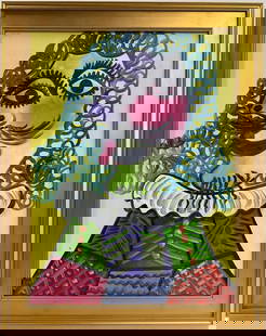 Pablo Picasso Spanish Oil on Canvas painting in the style of. Dali, Chagall & Picasso Era: Title: Untitle Technique: Oil on canvas Measures: 29 x 22 in Year: 1950 Condition: Good Provenance: Private collection Visual Description:This vibrant oil on canvas depicts a flamboyant, whimsical fig