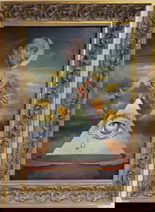 Salvador Dali Spanish 1904 - 1989 Oil on Canvas Painting in the style of. Magritte,Picasso Era.: Title: Untitle Technique: Oil on canvas Measures: 24 x 16 in Year: Undated Condition: Good Provenance: Private collection Visual Description:This enigmatic oil on canvas features a haunting surrealist