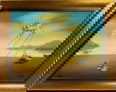 Salvador Dali Spanish 1904 - 1989 Oil on Canvas Painting in the style of. Magritte,Picasso Era.: Title: Untitle Technique: Oil on canvas Measures: 23 x 31 in Year: 1933 Condition: Good Provenance: Private collection Visual Description:This oil on canvas presents a surreal coastal dreamscape bathe