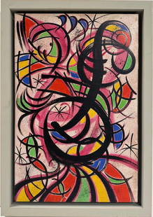Joan Miro Spanish 1893 - 1983 Oil on Canvas in the style of. Dali, Magritte, & Miro Surrealism Era.: Title: Untitle Technique: Oil on canvas Measures: 24 x 16 in Year: Undated Condition: Good Provenance: Private collection Visual Description:This energetic oil painting is a vibrant explosion of color