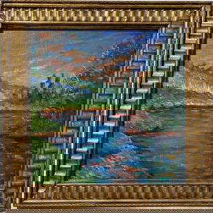 Claude Monet French 1840 - 1926 Oil on Canvas In the Style of. Renoir & Manet Impressionist Era.: Title: Untitle Technique: Oil on canvas Measures: 16 x 16 in Year: Undated Condition: Good Provenance: Private collection Visual Description: This vibrant landscape painting captures a tranquil river