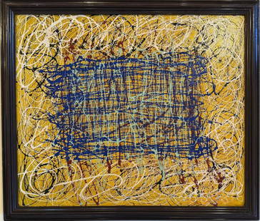 Jackson Pollock American Oil on Canvas Painting In The Style of. Rothko, Kline, & Pollock Era: Title: Untitle Technique: Oil on canvas Measures: 21 x 25 in Year: 1951 Condition: Good Provenance: Private collection Visual Description: This abstract composition features a vivid golden yellow back