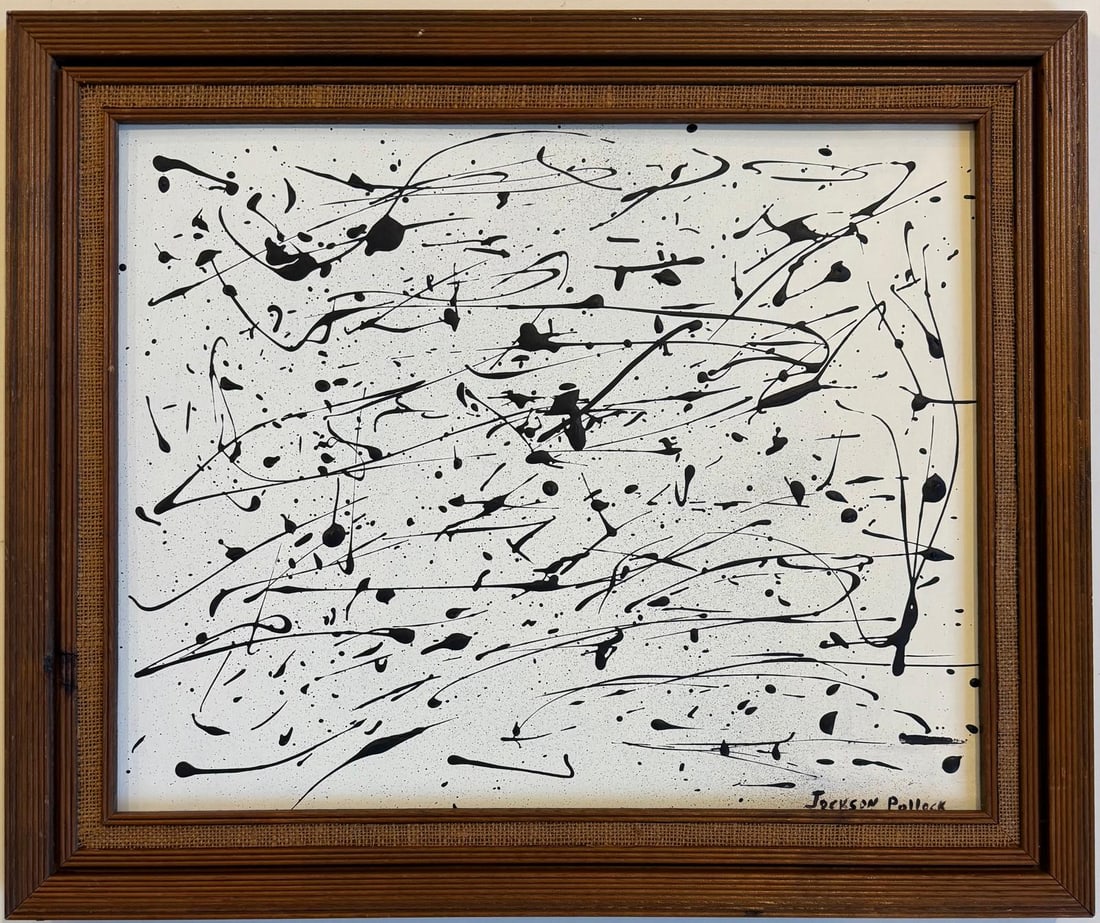 Jackson Pollock American Oil on Canvas Painting In The Style of. Rothko, Kline, & Pollock Era: Title: Untitle Technique: Oil on canvas Measures: 16 x 20 in Year: Undated Condition: Good Provenance: Private collection Visual Description: This minimalist abstract painting features a stark white b