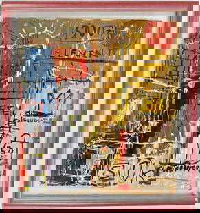 Jean Michel Basquiat Abstract In The Style of. Neo Expressionism & Modern Era Mixed Media/Paper.: Title: Untitle Technique: Mixed media on paper Measures: 24 x 22 in Year: 1982 Condition: Good Provenance: Private collection Visual Description: This raw and expressive composition bursts with