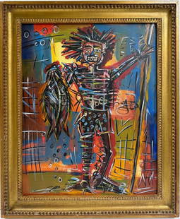 Jean Michel Basquiat Abstract In The Style of. Neo Expressionism & Modern Era Mixed Media/Canvas.: Title: Untitle Technique: Mixed media on canvas Measures: 25 x 20 in Year: Undated Condition: Good Provenance: Private collection Visual Description: This dynamic composition centers on a skeletal, ma
