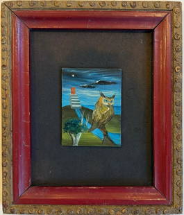 Gertrude Abercrombie American 1907-1977 Oil on Masonite Painting In the Style of Magritte, Dali Era.: Title: Untitle Technique: Oil on masonite Measures: 5 x 4 in Year: Undated Condition: Good Provenance: Private collection Visual Description: This intimate oil painting depicts a solitary owl perched