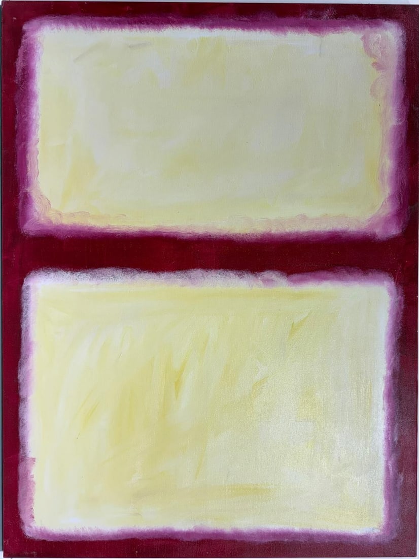 Mark Rothko Russian 1903 - 1970 Oil on Canvas painting in the style of. Pollock, Kline, Abstract Era: Title: Untitle Technique: Oil on canvas Measures: 47 x 36 in Year: 1961 Condition: Good Provenance: Private collection Visual Description: This abstract painting features two soft, luminous yellow rec