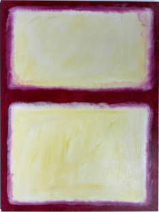 Mark Rothko Russian 1903 - 1970 Oil on Canvas painting in the style of. Pollock, Kline, Abstract Era: Title: Untitle Technique: Oil on canvas Measures: 47 x 36 in Year: 1961 Condition: Good Provenance: Private collection Visual Description: This abstract painting features two soft, luminous yellow rec