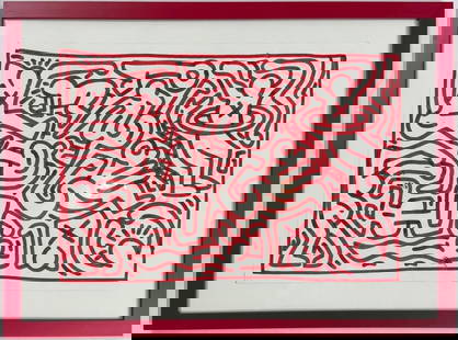 Keith haring American 1958 - 1990 Felt Pen on Paper In The Style of. Warhol and Haring Pop Art Era.: Title: Untitle Technique: Felt on paper Measures: 13 x 18 in Year: 1989 Condition: Good Provenance: Private collection Visual Description: This energetic drawing bursts with motion, populated by a den