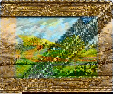 Camille Pissarro Danish-French Oil on Canvas In the style of. Monet and Degas impressionist Period.: Title: Untitle Technique: Oil on canvas Measures: 12 x 15 in Year: 1982 Condition: Good Provenance: Private collection Visual Description: This vibrant landscape painting captures a peaceful rural set