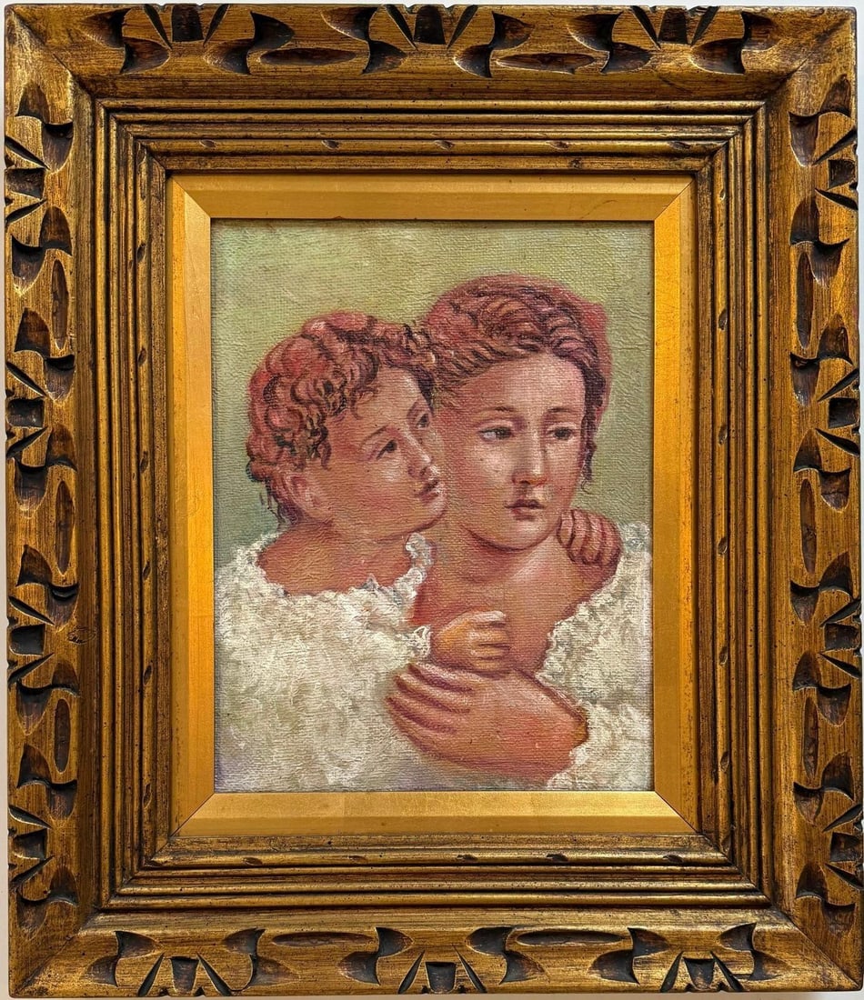 Pablo Picasso Spanish Oil on Canvas In The Style Of. Dali, Magritte, Chagall & Picasso Era: Title: Untitle Technique: Oil on canvas Measures: 14 x 11 inches Year: 1925 Condition: Good Provenance: Private collection Visual Description:This oil on canvas work portrays an intimate, neoclassical