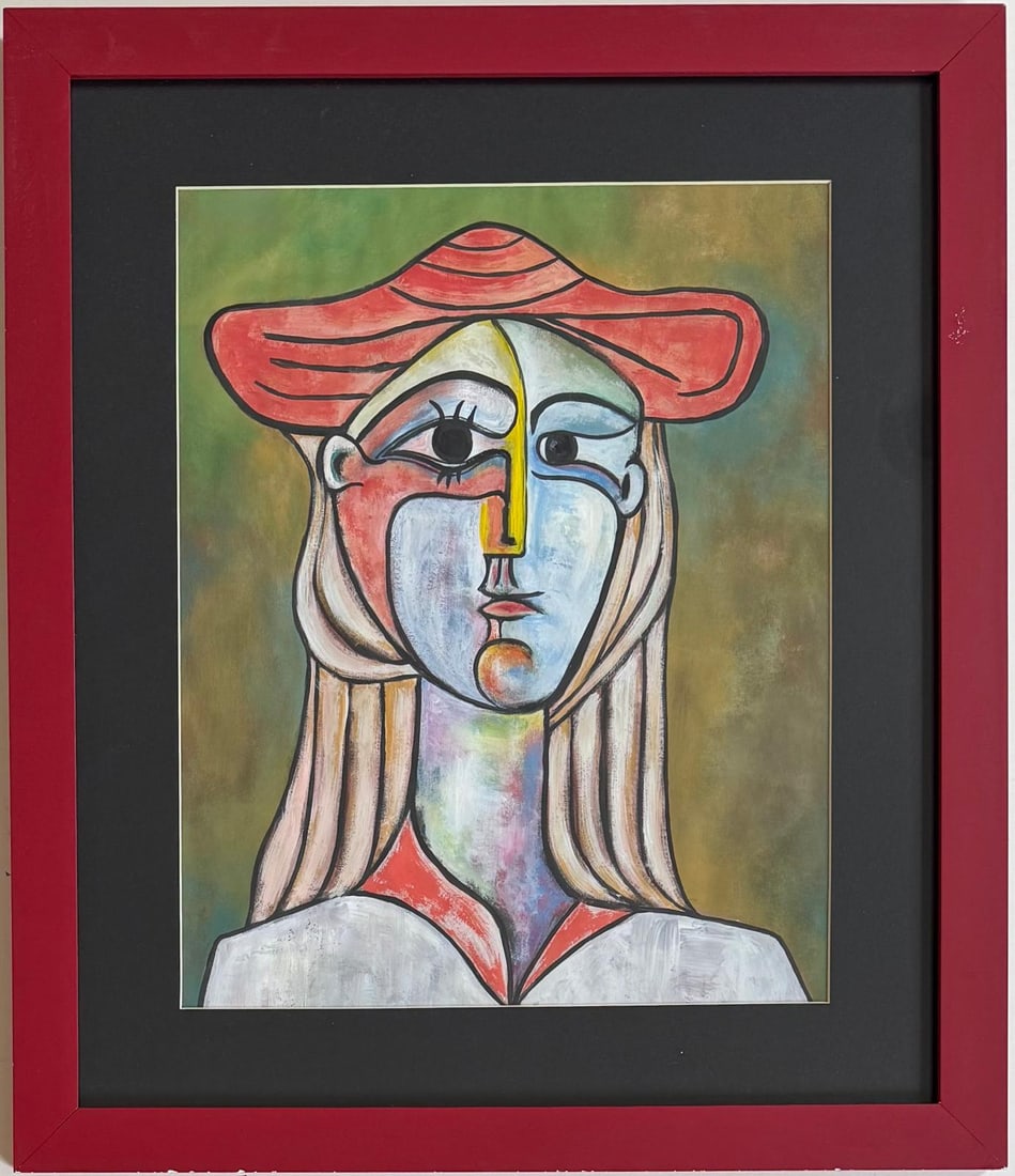 Pablo Picasso Spanish Gouache on Paper In The Style Of. Dali, Magritte, Chagall & Picasso Era: Title: Untitle Technique: Gouache on paper Measures: 15 x 12 in Year: Undated Condition: Good Provenance: Private collection Visual Description:This striking gouache portrait presents a stylized femal