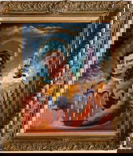 Salvador Dali Spanish 1904 - 1989 Oil on Canvas Painting in the style of. Magritte & Dali Surrealism: Title: Untitle Technique: Oil on canvas Measures: 20 x 16 in Year: Undated Condition: Good Provenance: Private collection Visual Description:This surrealist painting features a woman’s realistic, co