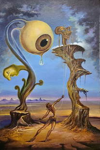 Salvador Dali Spanish 1904 - 1989 Oil on Canvas Painting in the style of. Magritte & Dali Surrealism: Title: Untitle Technique: Oil on canvas Measures: 24 x 20 in Year: Undated Condition: Good Provenance: Private collection Visual Description:This striking surrealist composition presents a haunting de
