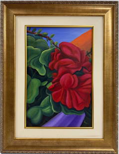 Georgia O'Keeffe American Oil On Canvas Painting in the style of. Pollock & O'Keeffe. Abstract Era: Title: Untitle Technique: Oil on canvas Measures: 24 x 16 in Year: Undated Condition: Good Provenance: Private collection Visual Description:This vibrant oil on canvas features a lush floral arrangeme
