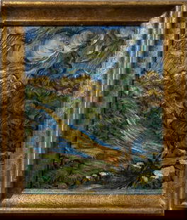 Vincent Van Gogh Dutch 1853-1890 Oil on Canvas painting in the style of. Gaugin, Monet, Degas Period: Title: Untitle Technique: Oil on canvas Measures: 13 x 11 in Year: Undated Condition: Good Provenance: Private collection Visual Description:This vibrant landscape bursts with movement and texture, ac