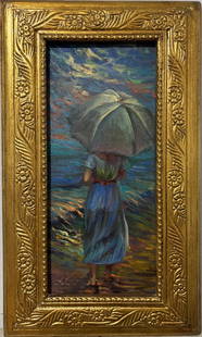 Claude Monet French 1840 - 1926 Oil on Canvas In the Style of. Renoir & Manet Impressionist Era.: Title: Untitle Technique: Oil on canvas Measures: 18 x 11 in Year: Undated Condition: Good Provenance: Private collection Visual Description:This intimate vertical oil painting captures a contemplativ