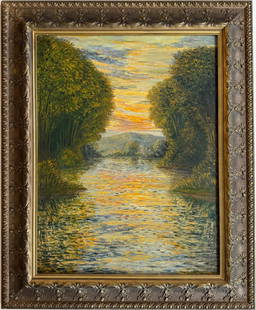 Claude Monet French 1840 - 1926 Oil on Canvas In the Style of. Renoir & Manet Impressionist Era.: Title: Untitle Technique: Oil on canvas Measures: 26 x 20 in Year: Undated Condition: Good Provenance: Private collection Visual Description:This tranquil oil painting presents a sunlit river landscap