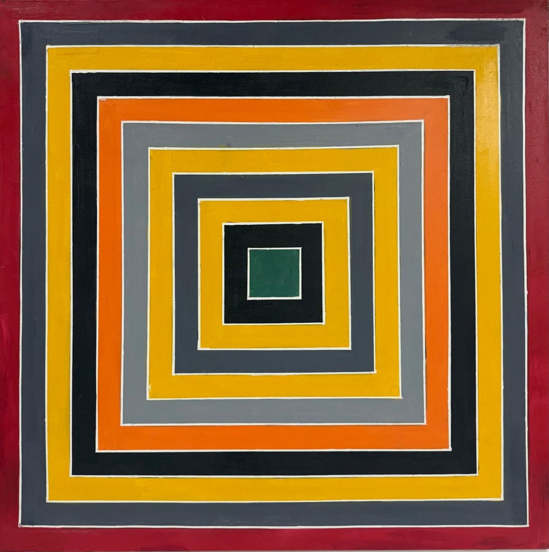 Frank Stella American 1936-2024 Oil on Canvas In the style of. Jasper Johns, Pollock, Newman Era: Title: Untitle Technique: Oil on canvas Measures: 43 x 43 in Year: 1975 Condition: Good Provenance: Private collection Visual Description:This bold geometric abstraction commands attention through its