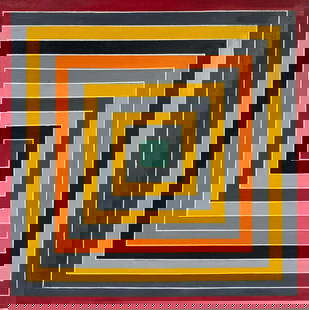 Frank Stella American 1936-2024 Oil on Canvas In the style of. Jasper Johns, Pollock, Newman Era: Title: Untitle Technique: Oil on canvas Measures: 43 x 43 in Year: 1975 Condition: Good Provenance: Private collection Visual Description:This bold geometric abstraction commands attention through its