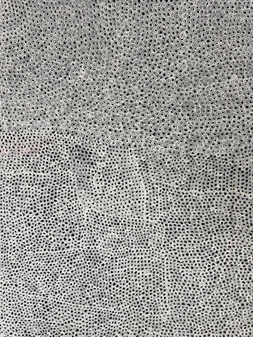 Yayoi Kusama (B.1929), In the Style of. Andy Warhol and Haring Pop Art Era. Oil on Canvas: Title: White No 29 Technique: Oil on canvas Measures: 47 x 37 in Year: Undated Condition: Good Provenance: Private collection Visual Description:A hypnotic field of meticulously painted white marks sp