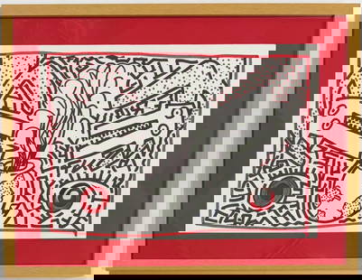 Keith Haring American 1958 - 1990 Felt Pen on Paper In The Style of. Warhol and Haring Pop Art Era.: Title: Untitle Technique: Felt pen on paper Measures: 13 x 19 in Year: Undated Condition: Good Provenance: Private collection Visual Description:This dynamic drawing bursts with energy in a graphic, p