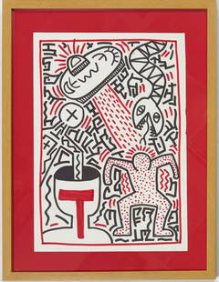 Keith Haring American 1958 - 1990 Felt Pen on Paper In The Style of. Warhol and Haring Pop Art Era.: Title: Untitle Technique: Felt pen on paper Measures: 14 x 11 in Year: Undated Condition: Good Provenance: Private collection Visual Description:This striking felt pen drawing bursts with energy and s
