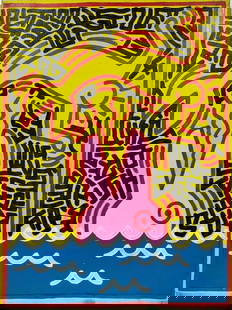 Keith Haring American 1958 - 1990 Acrylic/Canvas In The Style of. Warhol & Haring Pop Art Period.: Title: Untitle Technique: Acrylic on Canvas Measures: 31 x 23 in Year: 1982 Condition: Good Provenance: Private collection Visual Description:In this bold and playful acrylic painting, a surreal and s