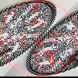 Keith Haring American 1958 - 1990 Acrylic/Canvas In The Style of. Warhol & Haring Pop Art Period.: Title: Untitle Technique: Acrylic on Canvas Measures: 31 in (round) Year: 1984 Condition: Good Provenance: Private collection Visual Description:This circular acrylic painting is a vibrant, rhythmic c