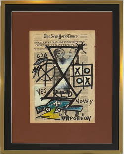 Jean Michel Basquiat Abstract In The Style of. Neo Expressionism & Modern Era Mixed Media/Paper.: Title: Untitle Technique: Mixed media on paper Measures: 15 x 10 in Year: Undated Condition: Good Provenance: Private collection Visual Description:This mixed media composition merges contemporary sym