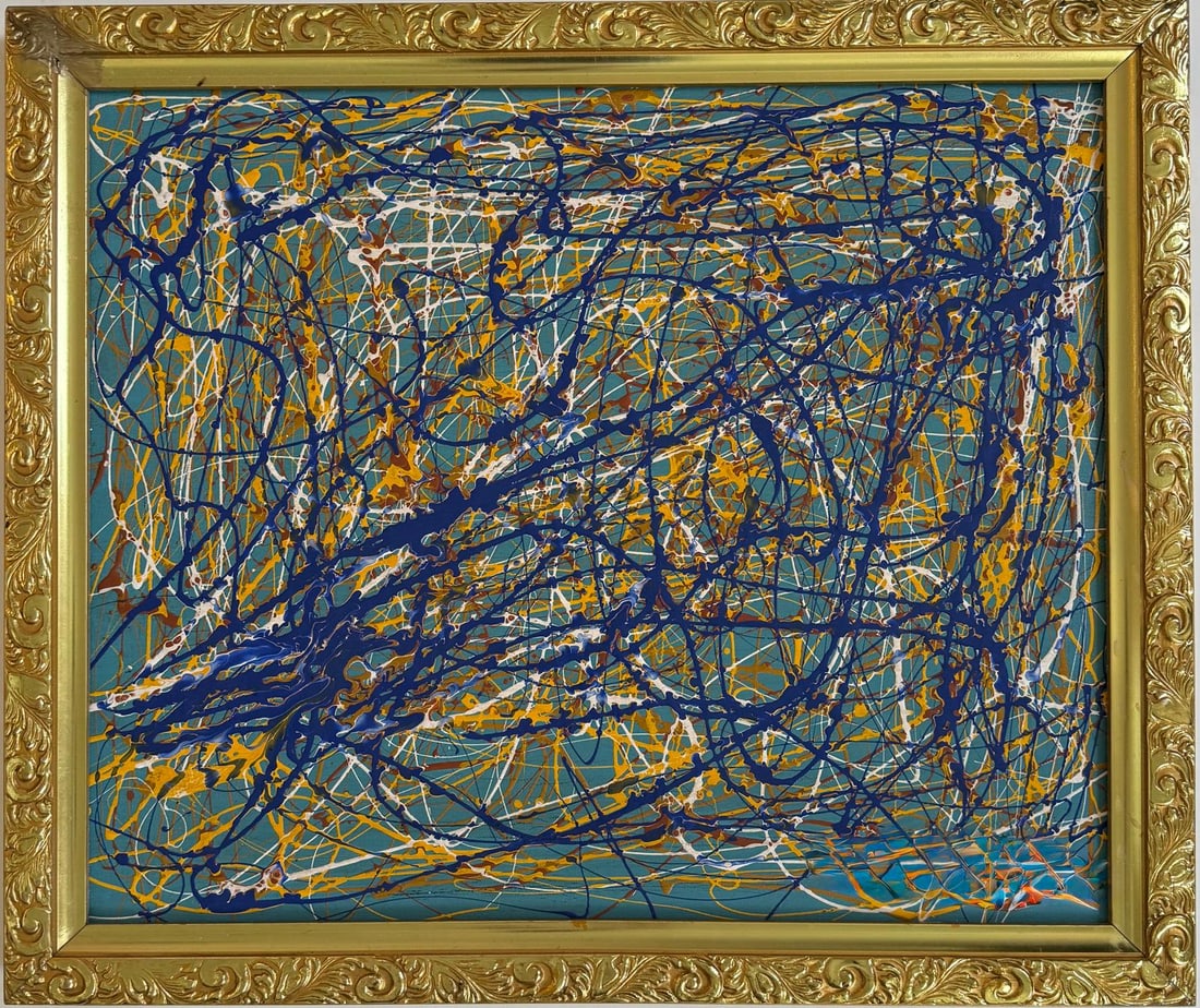 Jackson Pollock American Oil on Canvas Painting In The Style of. Rothko, Kline, & Pollock Era: Title: Untitle Technique: Oil on canvas Measures: 20 x 24 in Year: Undated Condition: Good Provenance: Private collection Visual Description:This energetic abstract composition explodes with movement