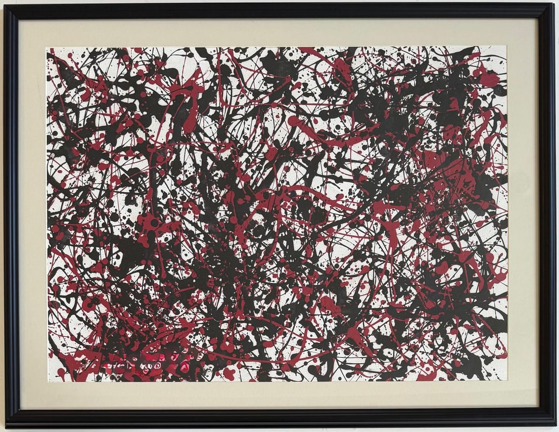 Jackson Pollock American Oil on Paper Painting In The Style of. Rothko, Kline, & Pollock Era: Title: Untitle Technique: Oil on paper Measures: 21 x 30 in Year: Undated Condition: Good Provenance: Private collection Visual Description:This compelling abstract composition bursts with dynamic ten