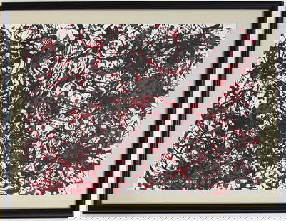 Jackson Pollock American Oil on Paper Painting In The Style of. Rothko, Kline, & Pollock Era: Title: Untitle Technique: Oil on paper Measures: 21 x 30 in Year: Undated Condition: Good Provenance: Private collection Visual Description:This compelling abstract composition bursts with dynamic ten