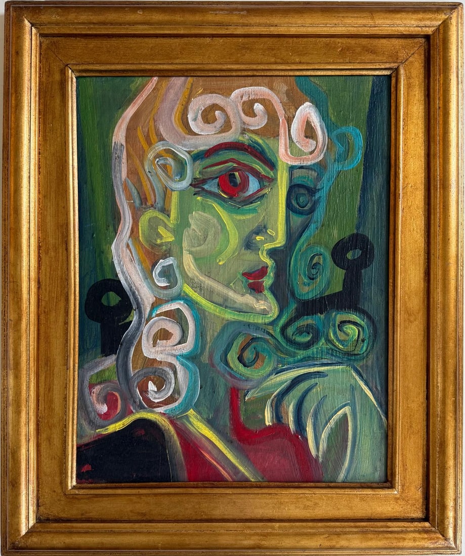 Pablo Picasso Spanish 1881-1973 Oil on Canvas in the style of . Dali,Magritte,Chagall & Picasso Era: Title: Untitle Technique: Oil on canvas Measures: 18 x 14 in Year: Undated Condition: Good Provenance: Private collection Visual Description:This vibrant portrait features a stylized figure with swirl