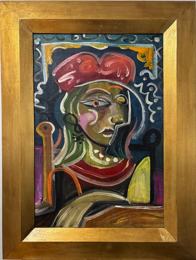 Pablo Picasso Spanish Oil on Canvas In The Style Of. Dali, Magritte, Chagall & Picasso Era: Title: Untitle Technique: Oil on canvas Measures: 31 x 23 in Year: Undated Condition: Good Provenance: Private collection Visual Description:This vibrant oil painting presents a cubist-inspired portra
