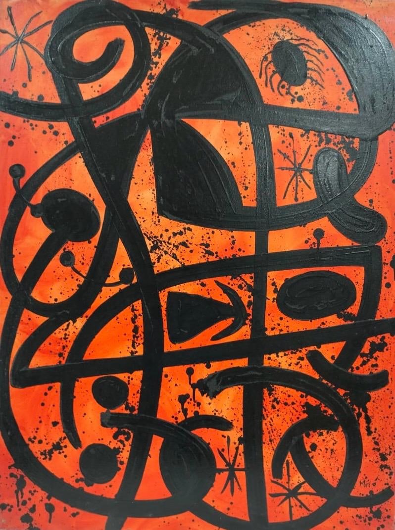 Joan Miro Spanish 1893 - 1983 Oil on Canvas in the style of. Dali, Magritte, & Miro Surrealism Era.: Title: L’enfer Technique: Oil on canvas Measures: 31 x 23 in Year: 1939 Condition: Good Provenance: Private collection Visual Description:This abstract composition features a vivid orange background