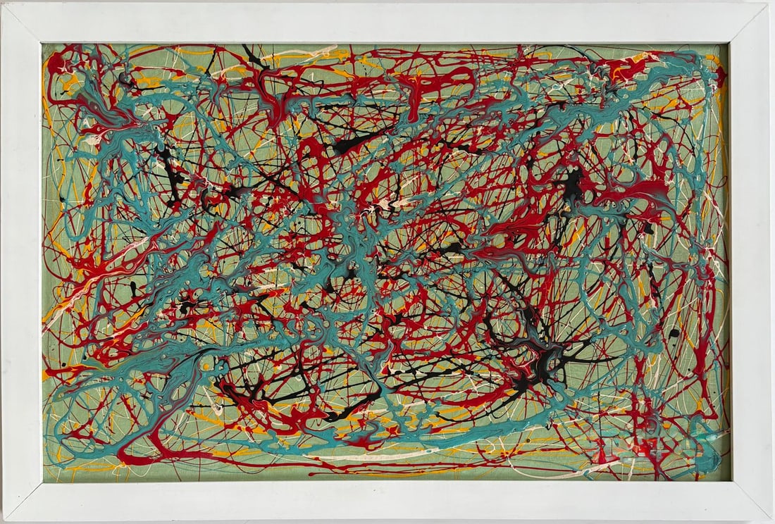 Jackson Pollock American Oil on Paper Painting In The Style of. Rothko, Kline, & Pollock Era: Title: Untitle Technique: Oil on canvas Measures: 17 x 27 in Year: Undated Condition: Good Provenance: Private collection Visual Description:This abstract expressionist painting is executed using a dy