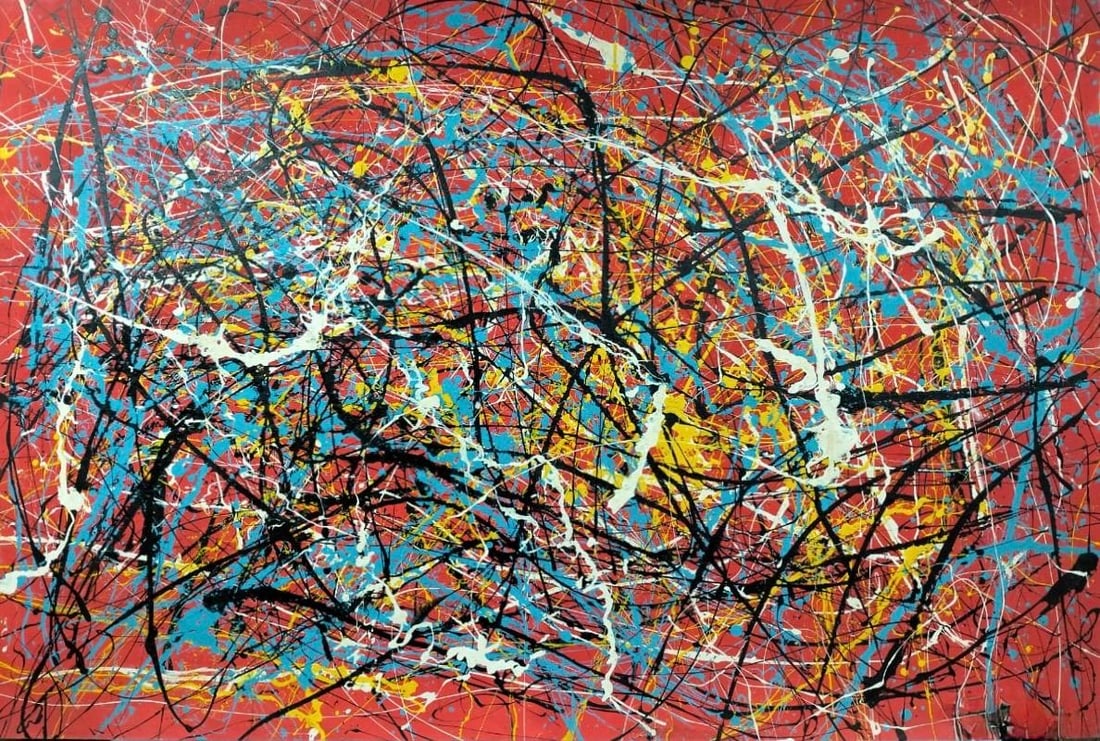 Jackson Pollock American Oil on Paper Painting In The Style of. Rothko, Kline, & Pollock Era: Title: Untitle Technique: Oil on canvas Measures: 40 x 59 in Year: Undated Condition: Good Provenance: Private collection Visual Description:This energetic abstract painting is executed in a dynamic d