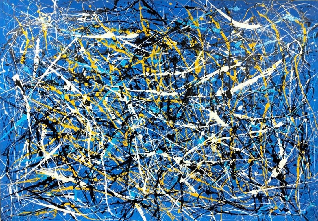 Jackson Pollock American Oil on Paper Painting In The Style of. Rothko, Kline, & Pollock Era: Title: Untitle Technique: Oil on canvas Measures: 37 x 55 in Year: Undated Condition: Good Provenance: Private collection Visual Description:This abstract expressionist painting is executed in a vigor