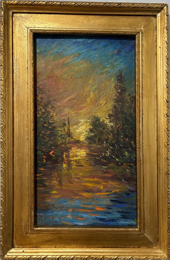 Claude Monet French 1840 - 1926 Oil on Canvas In the Style of. Renoir & Manet Impressionist Era.: Title: Untitle Technique: Oil on canvas Measures: 23 x 15 in Year: Undated Condition: Good Provenance: Private collection Visual Description:This oil painting captures a tranquil riverside landscape a
