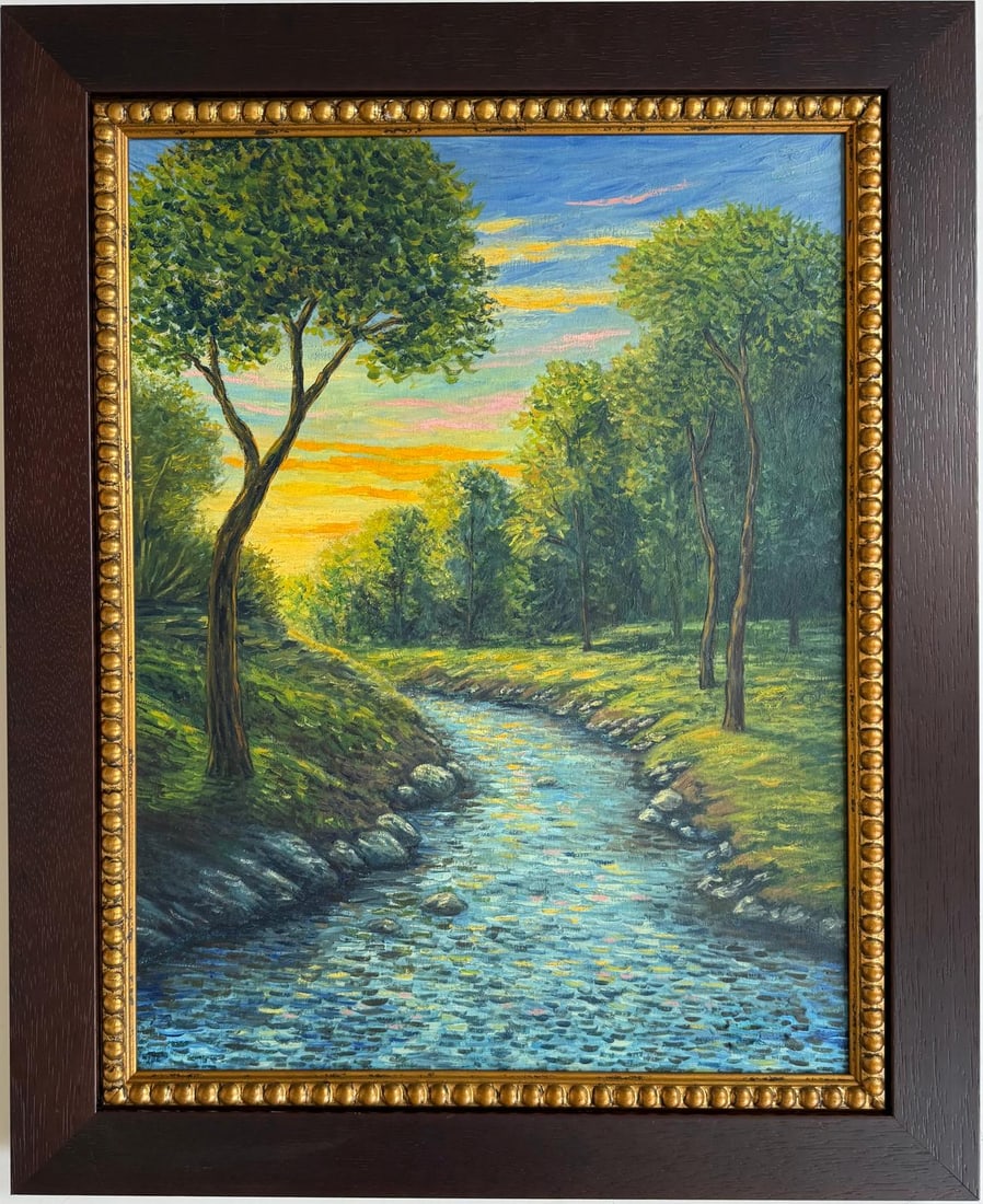 Claude Monet French 1840 - 1926 Oil on Canvas In the Style of. Renoir & Manet Impressionist Era.: Title: Untitle Technique: Oil on canvas Measures: 26 x 20 in Year: Undated Condition: Good Provenance: Private collection Visual Description:This tranquil landscape painting depicts a serene river win