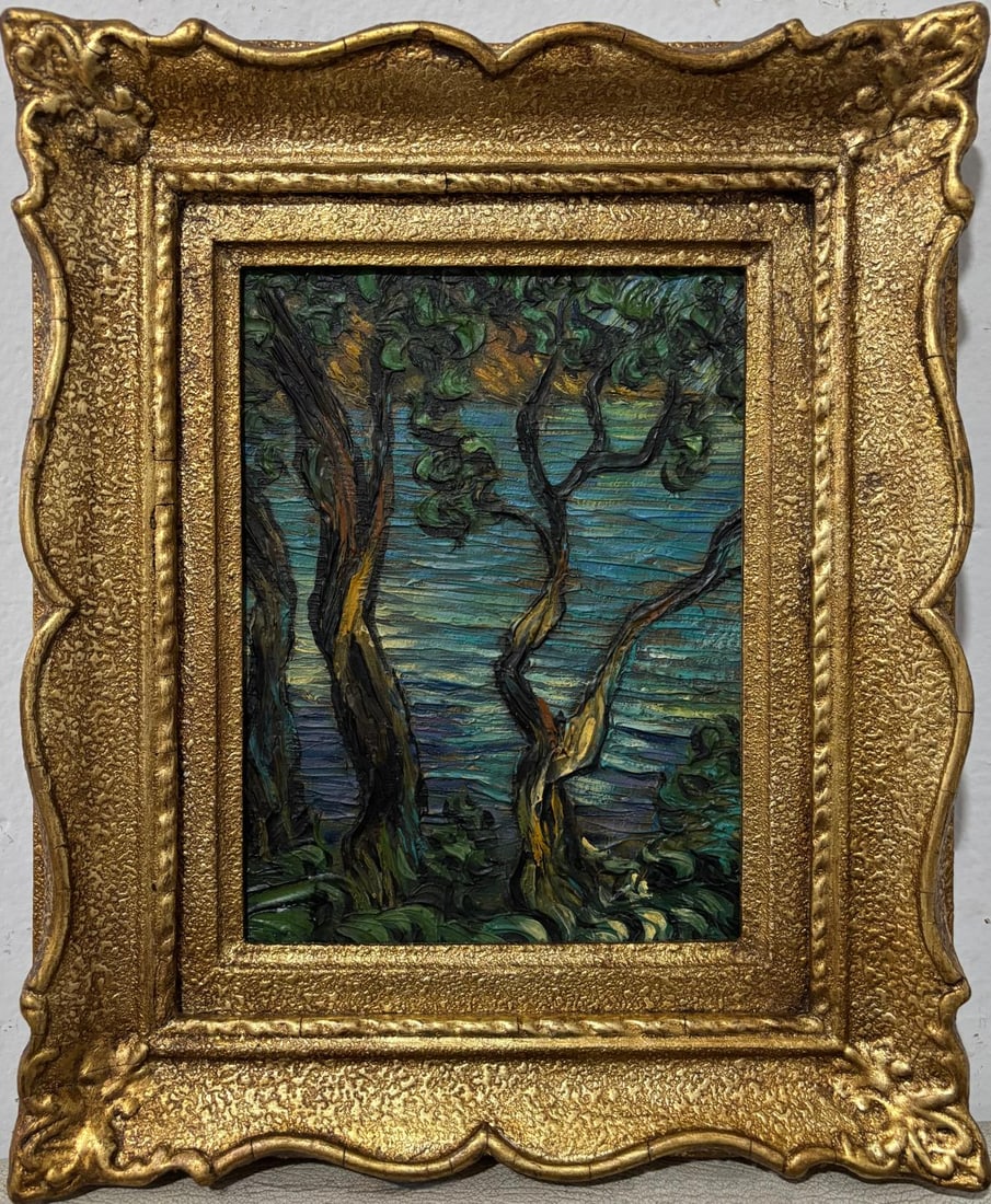 Vincent Van Gogh Dutch 1853-1890 Oil on Canvas painting in the style of. Gaugin, Monet, Degas Period: Title: Untitle Technique: Oil on canvas Measures: 14 x 11 in Year: Undated Condition: Good Provenance: Private collection Visual Description:The painting portrays two tall, sinuous trees standing agai